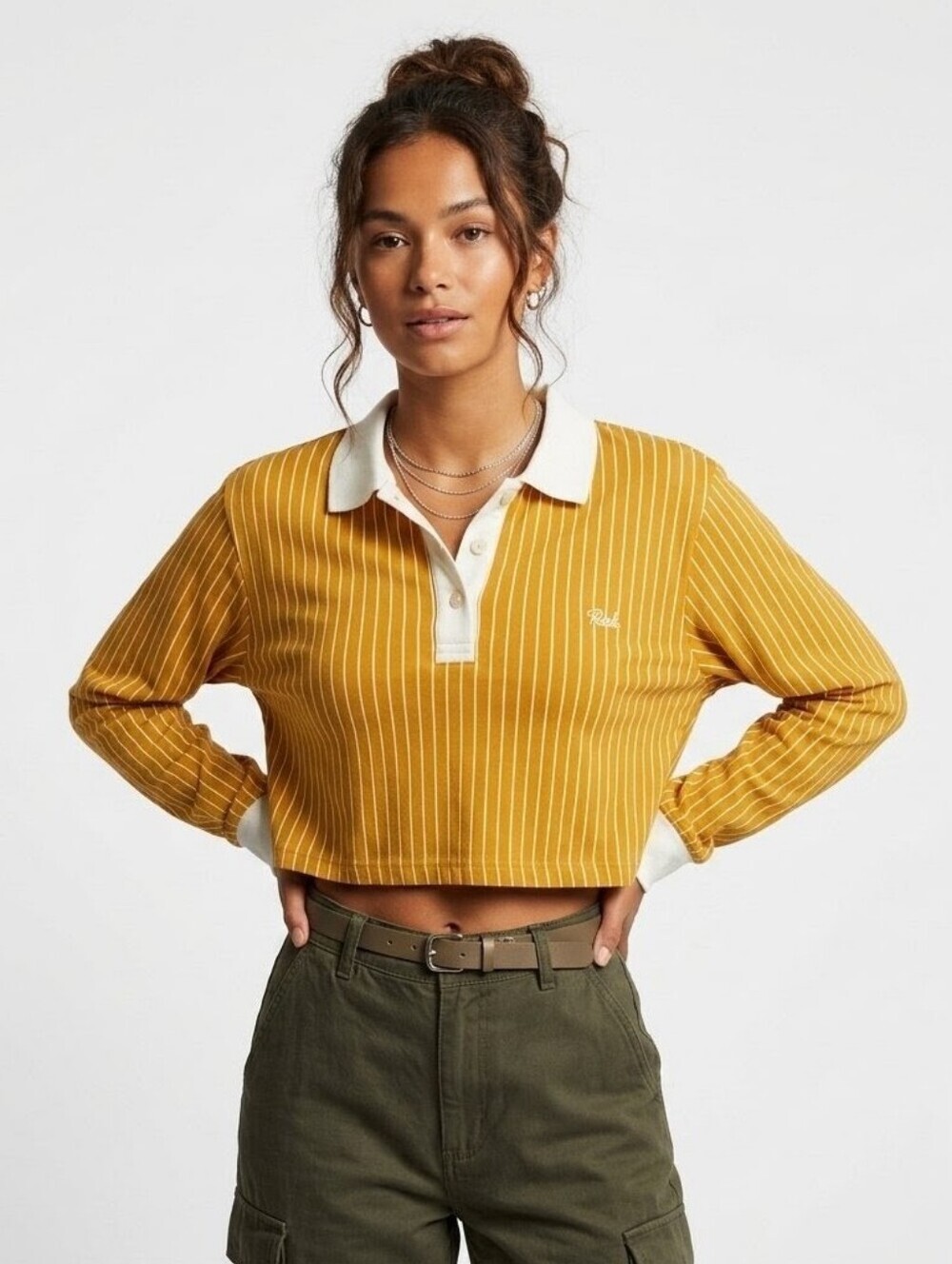 TRUE Medellín Mustard Yellow Striped Cropped Polo Long Sleeve Shirt - Medium
